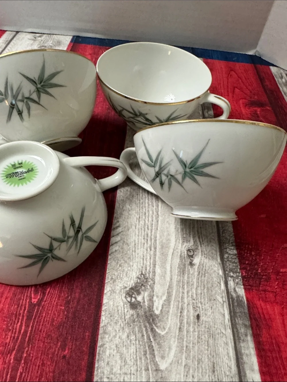 Vintage Fine Porcelain Tea Cups with Green Bamboo Motif and Gold Trim